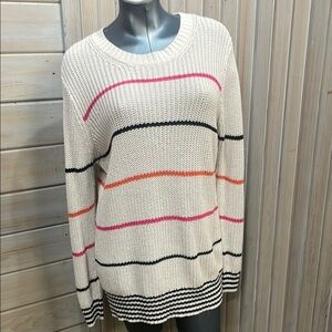 Source Unknown Cream and Pink Striped Crew Neck Sweater